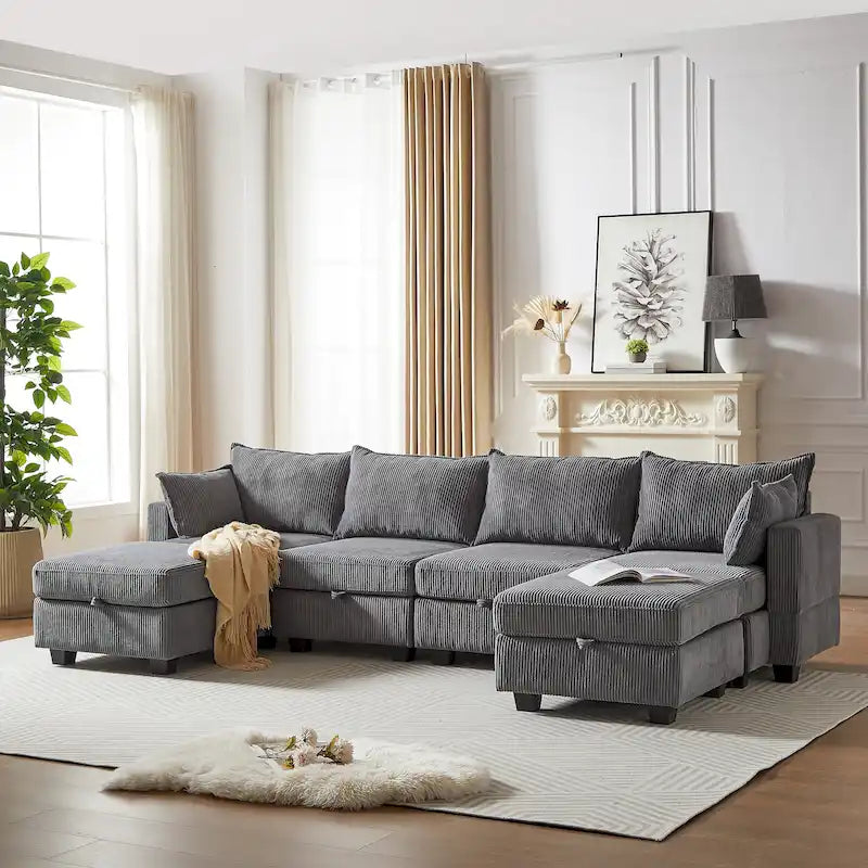Canapé Sectionnel Modulable Convertible 6 Pièces en Velours Côtelé avec Assises de Rangement, 2 Poufs Amovibles, Libre Combinaison