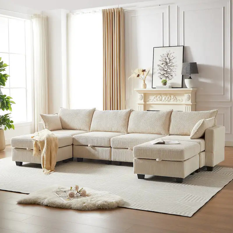 Canapé Sectionnel Modulable Convertible 6 Pièces en Velours Côtelé avec Assises de Rangement, 2 Poufs Amovibles, Libre Combinaison