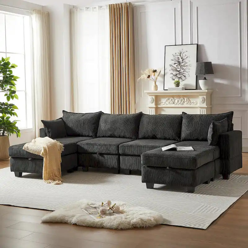 Canapé Sectionnel Modulable Convertible 6 Pièces en Velours Côtelé avec Assises de Rangement, 2 Poufs Amovibles, Libre Combinaison