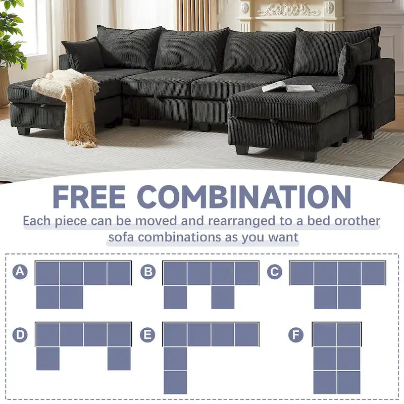 Canapé Sectionnel Modulable Convertible 6 Pièces en Velours Côtelé avec Assises de Rangement, 2 Poufs Amovibles, Libre Combinaison