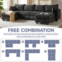 Canapé Sectionnel Modulable Convertible 6 Pièces en Velours Côtelé avec Assises de Rangement, 2 Poufs Amovibles, Libre Combinaison