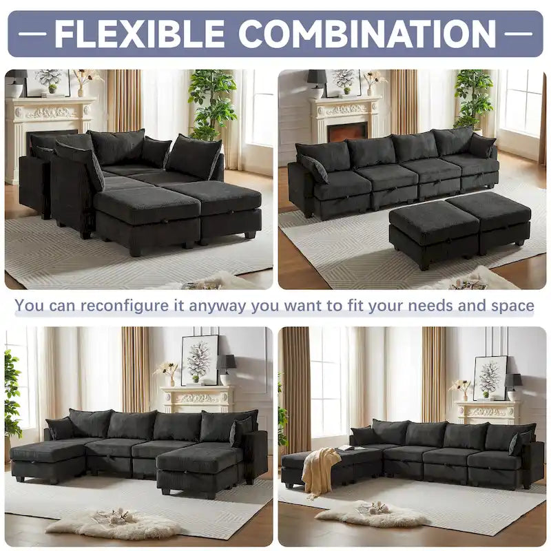 Canapé Sectionnel Modulable Convertible 6 Pièces en Velours Côtelé avec Assises de Rangement, 2 Poufs Amovibles, Libre Combinaison