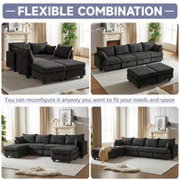 Canapé Sectionnel Modulable Convertible 6 Pièces en Velours Côtelé avec Assises de Rangement, 2 Poufs Amovibles, Libre Combinaison