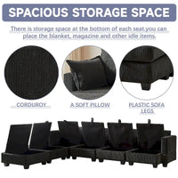 Canapé Sectionnel Modulable Convertible 6 Pièces en Velours Côtelé avec Assises de Rangement, 2 Poufs Amovibles, Libre Combinaison