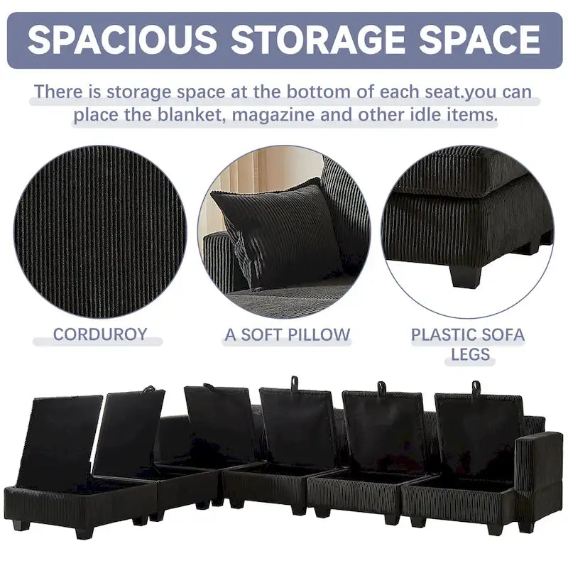 Canapé Sectionnel Modulable Convertible 6 Pièces en Velours Côtelé avec Assises de Rangement, 2 Poufs Amovibles, Libre Combinaison
