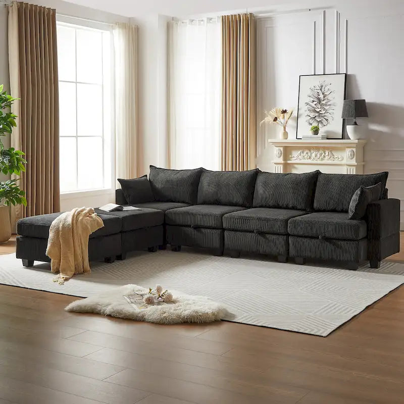 Canapé Sectionnel Modulable Convertible 6 Pièces en Velours Côtelé avec Assises de Rangement, 2 Poufs Amovibles, Libre Combinaison