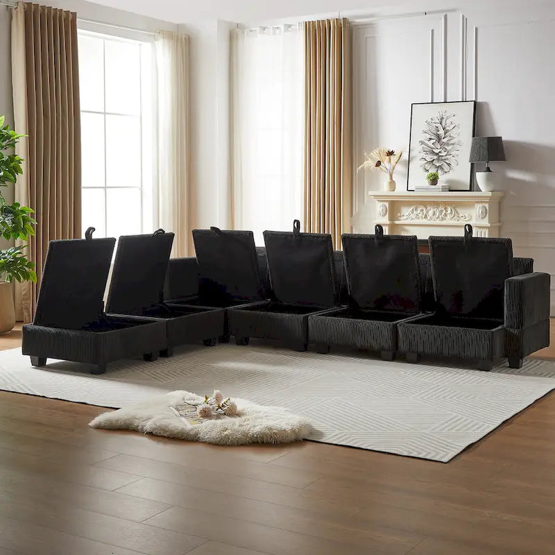 Canapé Sectionnel Modulable Convertible 6 Pièces en Velours Côtelé avec Assises de Rangement, 2 Poufs Amovibles, Libre Combinaison