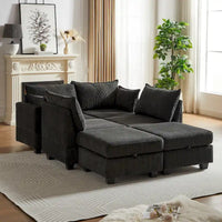 Canapé Sectionnel Modulable Convertible 6 Pièces en Velours Côtelé avec Assises de Rangement, 2 Poufs Amovibles, Libre Combinaison