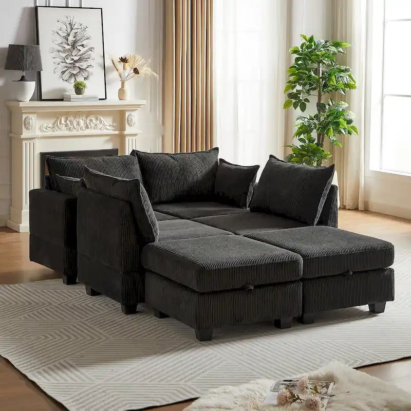 Canapé Sectionnel Modulable Convertible 6 Pièces en Velours Côtelé avec Assises de Rangement, 2 Poufs Amovibles, Libre Combinaison