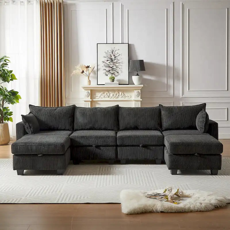 Canapé Sectionnel Modulable Convertible 6 Pièces en Velours Côtelé avec Assises de Rangement, 2 Poufs Amovibles, Libre Combinaison