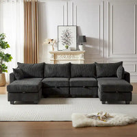 Canapé Sectionnel Modulable Convertible 6 Pièces en Velours Côtelé avec Assises de Rangement, 2 Poufs Amovibles, Libre Combinaison