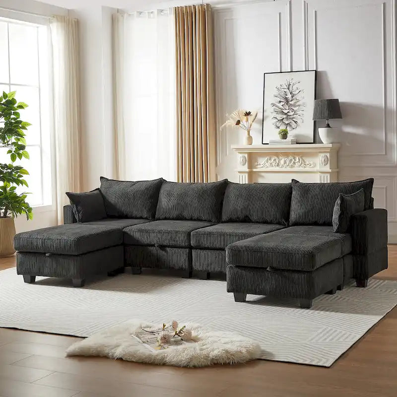 Canapé Sectionnel Modulable Convertible 6 Pièces en Velours Côtelé avec Assises de Rangement, 2 Poufs Amovibles, Libre Combinaison