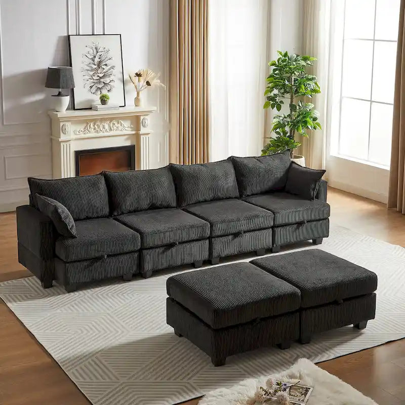 Canapé Sectionnel Modulable Convertible 6 Pièces en Velours Côtelé avec Assises de Rangement, 2 Poufs Amovibles, Libre Combinaison