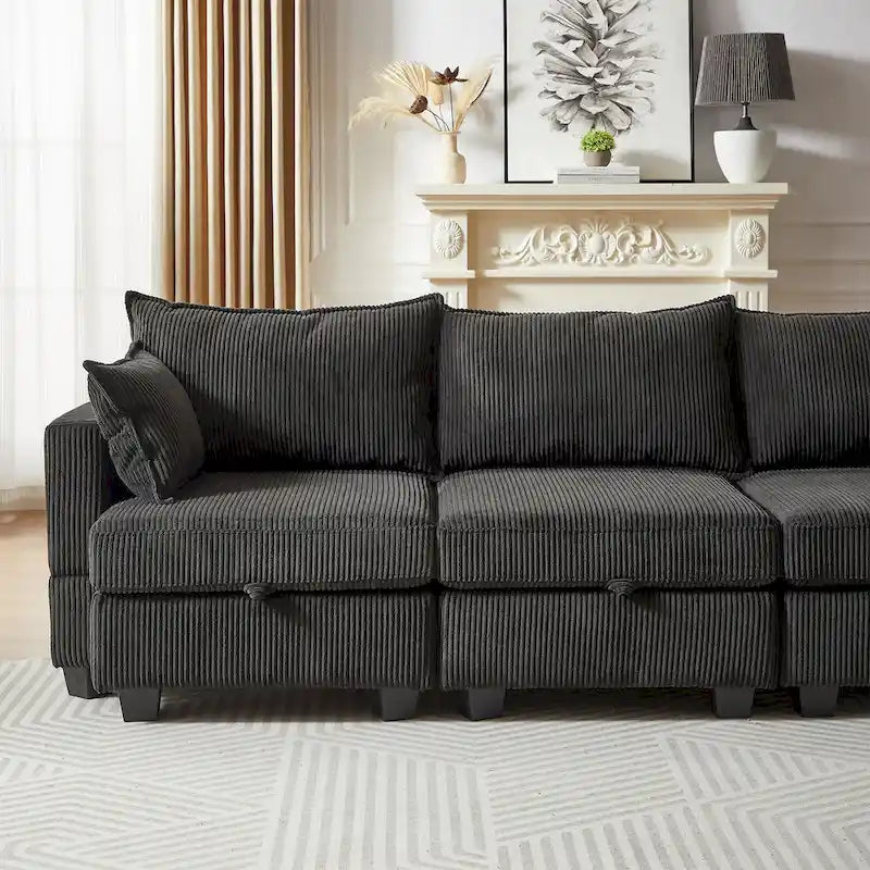 Canapé Sectionnel Modulable Convertible 6 Pièces en Velours Côtelé avec Assises de Rangement, 2 Poufs Amovibles, Libre Combinaison