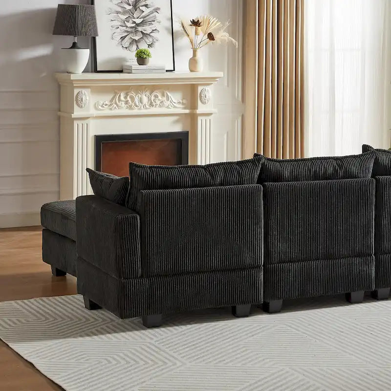 Canapé Sectionnel Modulable Convertible 6 Pièces en Velours Côtelé avec Assises de Rangement, 2 Poufs Amovibles, Libre Combinaison