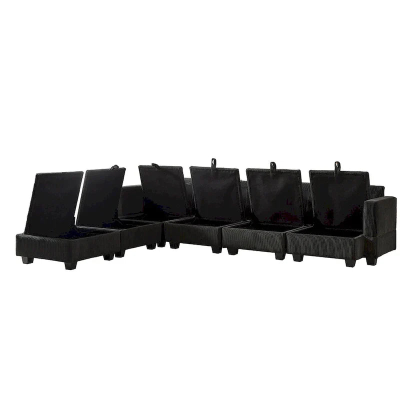 Canapé Sectionnel Modulable Convertible 6 Pièces en Velours Côtelé avec Assises de Rangement, 2 Poufs Amovibles, Libre Combinaison