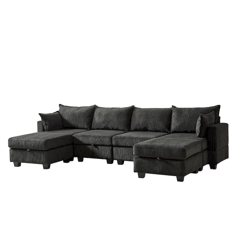 Canapé Sectionnel Modulable Convertible 6 Pièces en Velours Côtelé avec Assises de Rangement, 2 Poufs Amovibles, Libre Combinaison