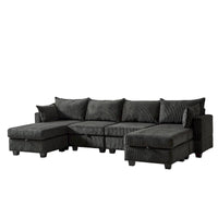 Canapé Sectionnel Modulable Convertible 6 Pièces en Velours Côtelé avec Assises de Rangement, 2 Poufs Amovibles, Libre Combinaison