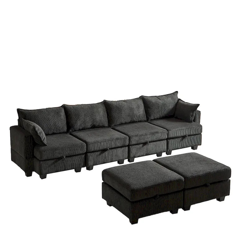 Canapé Sectionnel Modulable Convertible 6 Pièces en Velours Côtelé avec Assises de Rangement, 2 Poufs Amovibles, Libre Combinaison