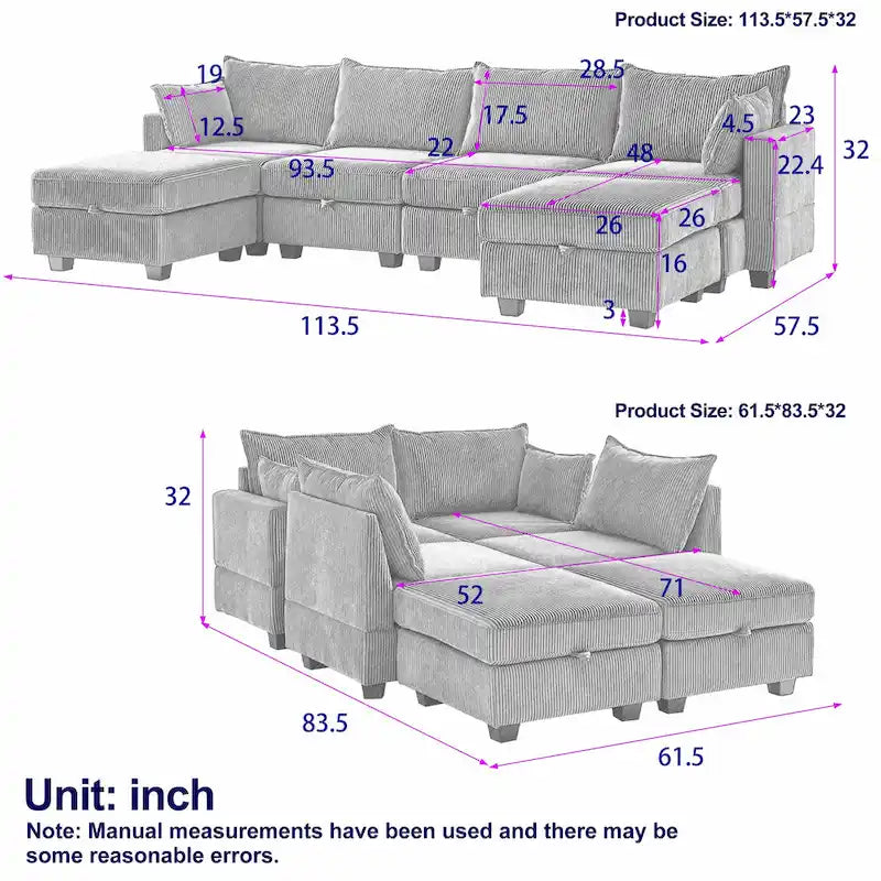 Canapé Sectionnel Modulable Convertible 6 Pièces en Velours Côtelé avec Assises de Rangement, 2 Poufs Amovibles, Libre Combinaison
