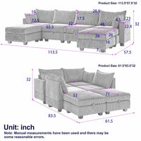 Canapé Sectionnel Modulable Convertible 6 Pièces en Velours Côtelé avec Assises de Rangement, 2 Poufs Amovibles, Libre Combinaison