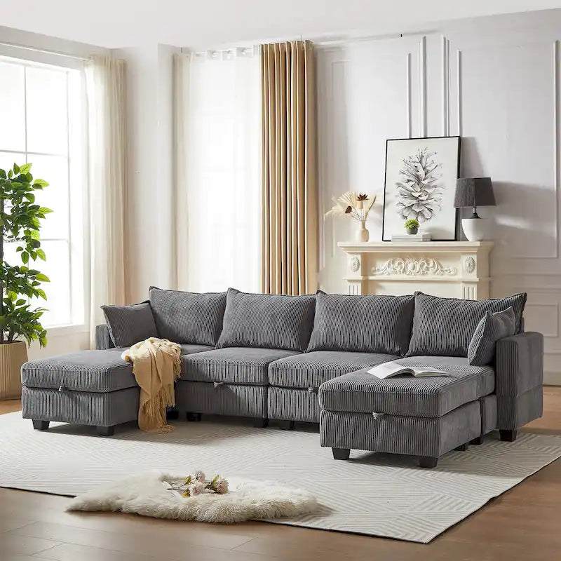 Canapé Sectionnel Modulable Convertible 6 Pièces en Velours Côtelé avec Assises de Rangement, 2 Poufs Amovibles, Libre Combinaison