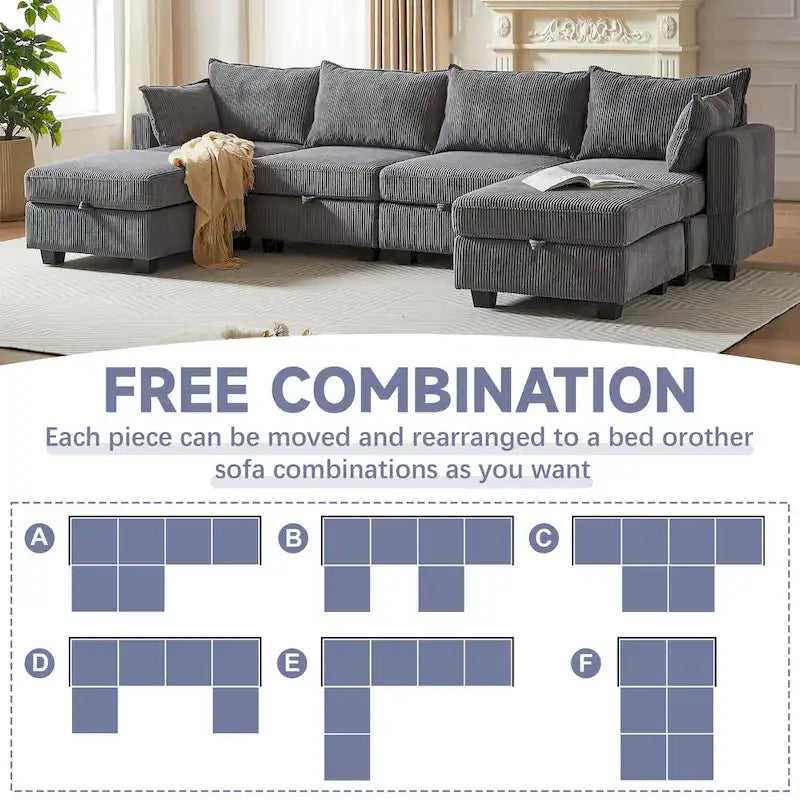 Canapé Sectionnel Modulable Convertible 6 Pièces en Velours Côtelé avec Assises de Rangement, 2 Poufs Amovibles, Libre Combinaison