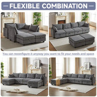 Canapé Sectionnel Modulable Convertible 6 Pièces en Velours Côtelé avec Assises de Rangement, 2 Poufs Amovibles, Libre Combinaison