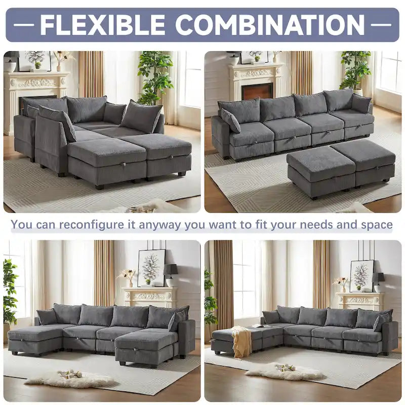 Canapé Sectionnel Modulable Convertible 6 Pièces en Velours Côtelé avec Assises de Rangement, 2 Poufs Amovibles, Libre Combinaison