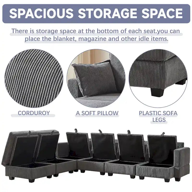 Canapé Sectionnel Modulable Convertible 6 Pièces en Velours Côtelé avec Assises de Rangement, 2 Poufs Amovibles, Libre Combinaison