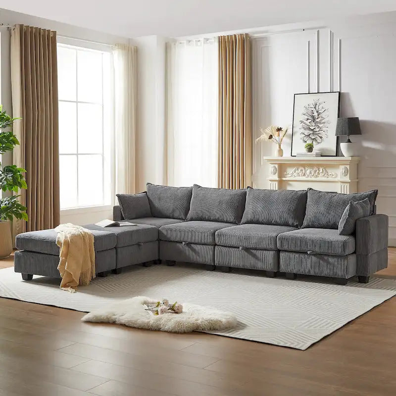 Canapé Sectionnel Modulable Convertible 6 Pièces en Velours Côtelé avec Assises de Rangement, 2 Poufs Amovibles, Libre Combinaison
