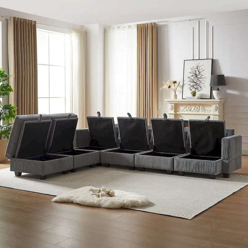 Canapé Sectionnel Modulable Convertible 6 Pièces en Velours Côtelé avec Assises de Rangement, 2 Poufs Amovibles, Libre Combinaison