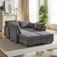 Canapé Sectionnel Modulable Convertible 6 Pièces en Velours Côtelé avec Assises de Rangement, 2 Poufs Amovibles, Libre Combinaison