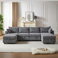 Canapé Sectionnel Modulable Convertible 6 Pièces en Velours Côtelé avec Assises de Rangement, 2 Poufs Amovibles, Libre Combinaison