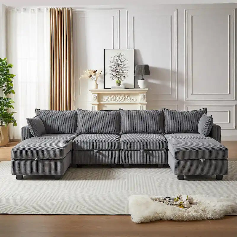 Canapé Sectionnel Modulable Convertible 6 Pièces en Velours Côtelé avec Assises de Rangement, 2 Poufs Amovibles, Libre Combinaison