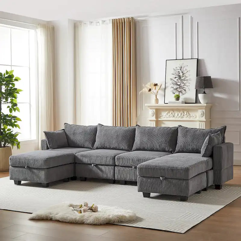 Canapé Sectionnel Modulable Convertible 6 Pièces en Velours Côtelé avec Assises de Rangement, 2 Poufs Amovibles, Libre Combinaison