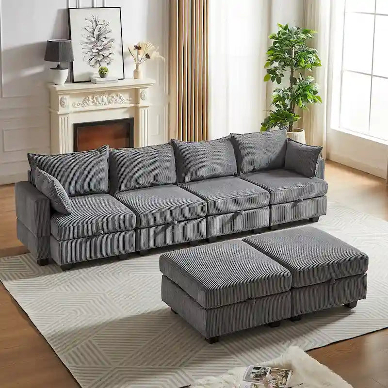 Canapé Sectionnel Modulable Convertible 6 Pièces en Velours Côtelé avec Assises de Rangement, 2 Poufs Amovibles, Libre Combinaison