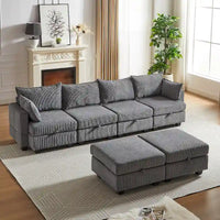 Canapé Sectionnel Modulable Convertible 6 Pièces en Velours Côtelé avec Assises de Rangement, 2 Poufs Amovibles, Libre Combinaison