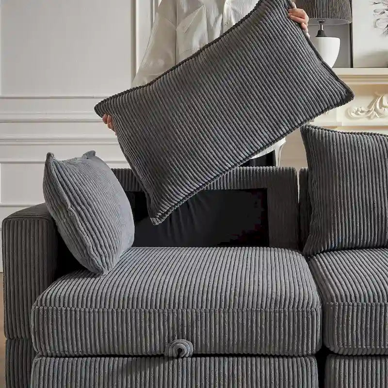 Canapé Sectionnel Modulable Convertible 6 Pièces en Velours Côtelé avec Assises de Rangement, 2 Poufs Amovibles, Libre Combinaison