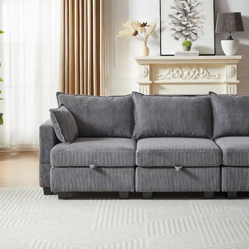 Canapé Sectionnel Modulable Convertible 6 Pièces en Velours Côtelé avec Assises de Rangement, 2 Poufs Amovibles, Libre Combinaison