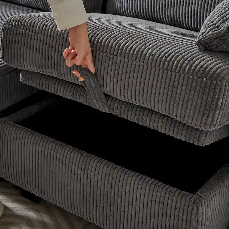 Canapé Sectionnel Modulable Convertible 6 Pièces en Velours Côtelé avec Assises de Rangement, 2 Poufs Amovibles, Libre Combinaison