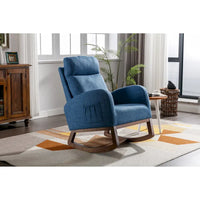Fauteuil à bascule rembourré Blue 27 avec pieds en bois et pochette latérale pratique