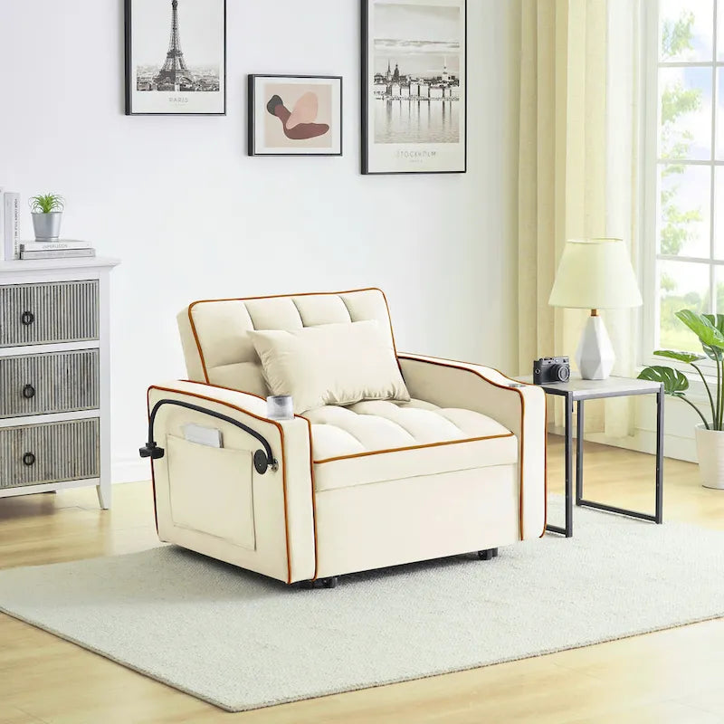 Canapé-lit pliable, canapé moderne en velours convertible, dossier réglable avec port USB, cendrier et support de téléphone pivotant