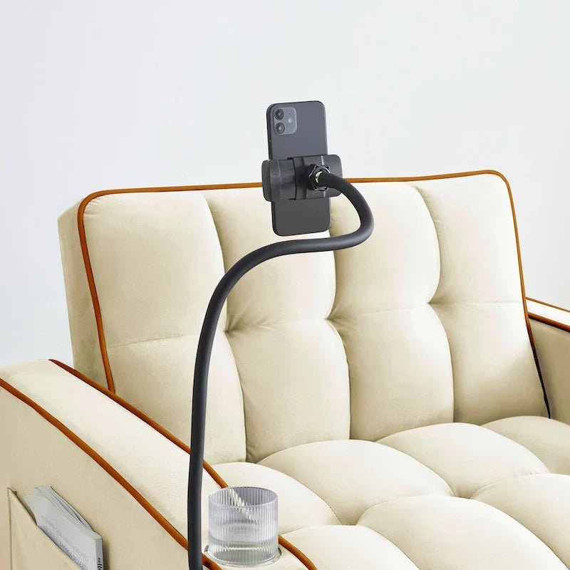 Canapé-lit pliable, canapé moderne en velours convertible, dossier réglable avec port USB, cendrier et support de téléphone pivotant