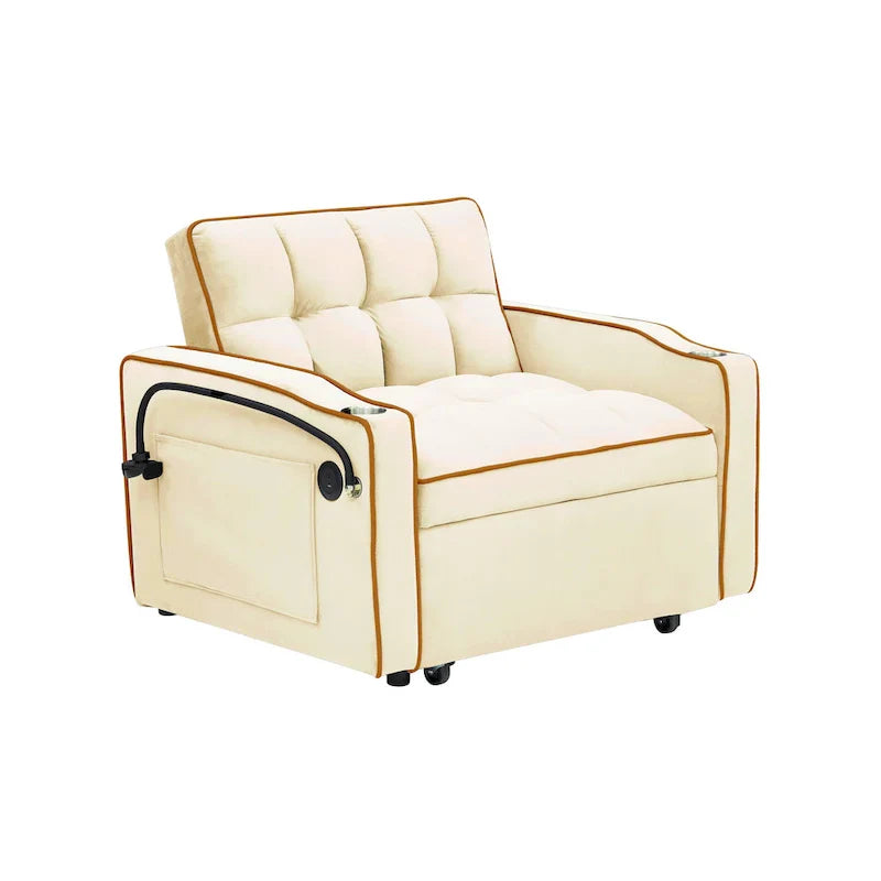 Canapé-lit pliable, canapé moderne en velours convertible, dossier réglable avec port USB, cendrier et support de téléphone pivotant