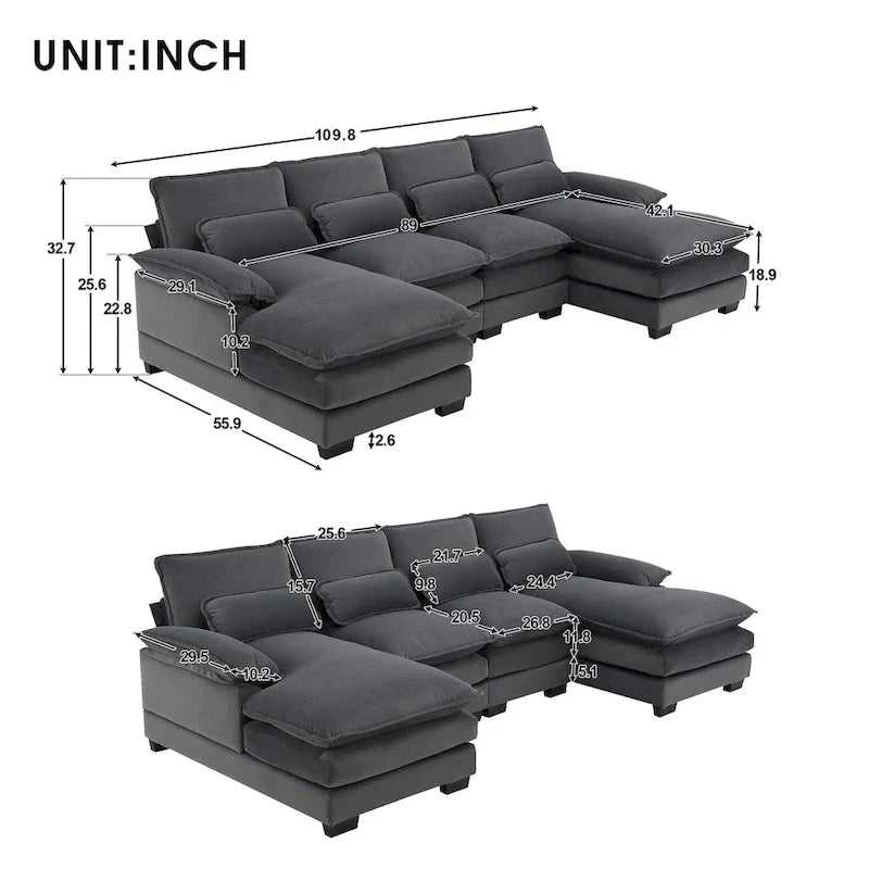 Canapé sectionnel convertible en U modulaire 6 places, rembourré et moderne