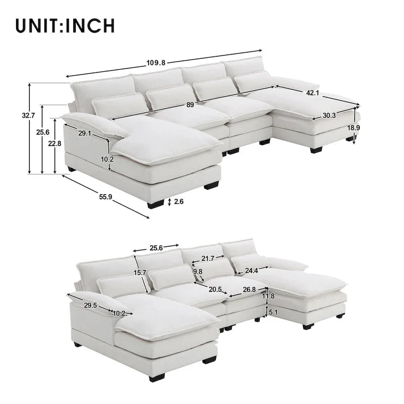 Canapé sectionnel convertible en U modulaire 6 places, rembourré et moderne