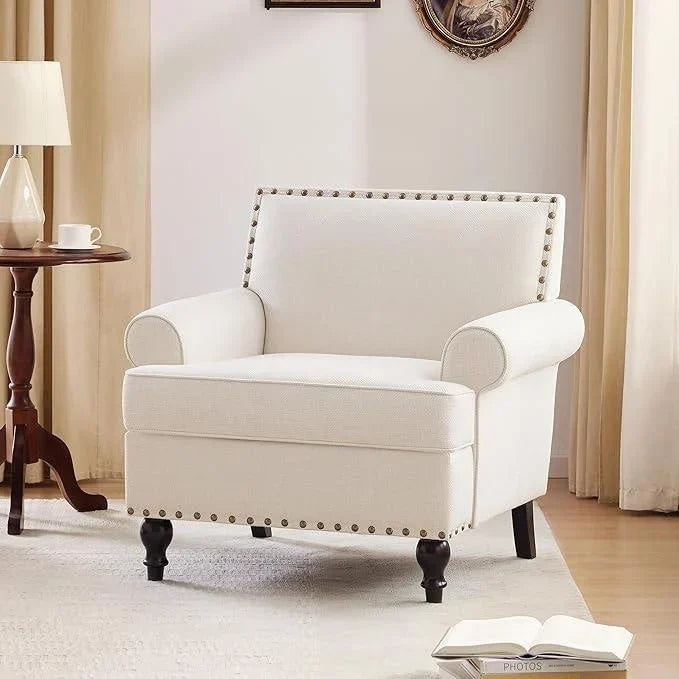 Fauteuil à accoudoirs moderne beige 31 pouces avec clous décoratifs