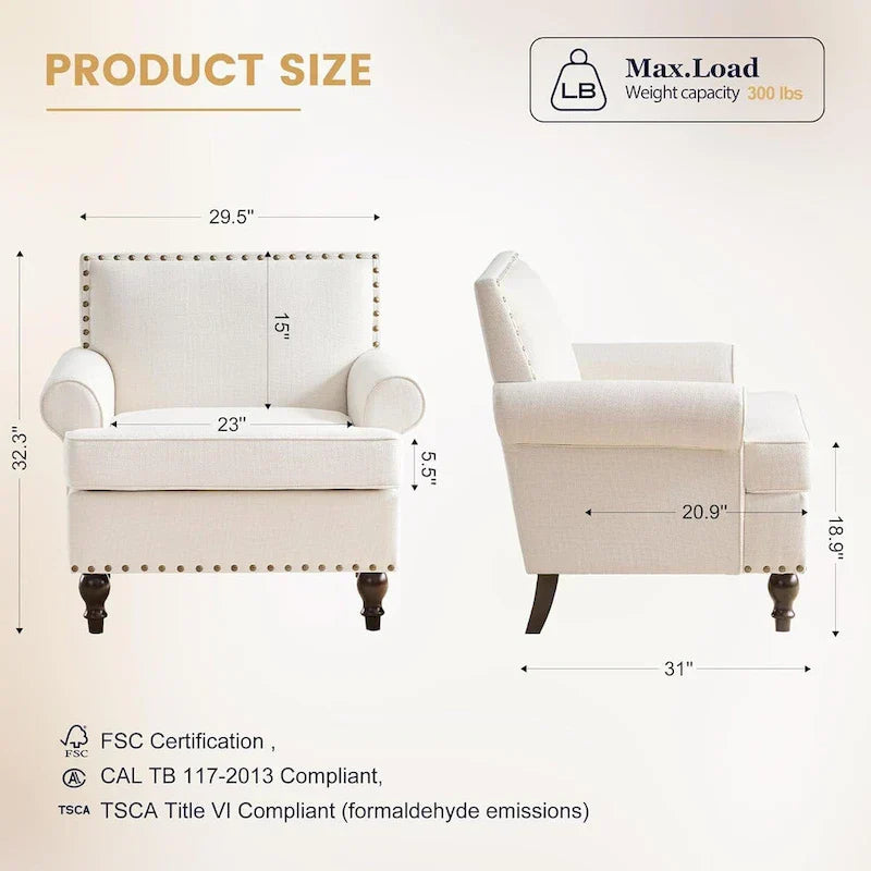 Fauteuil à accoudoirs moderne beige 31 pouces avec clous décoratifs