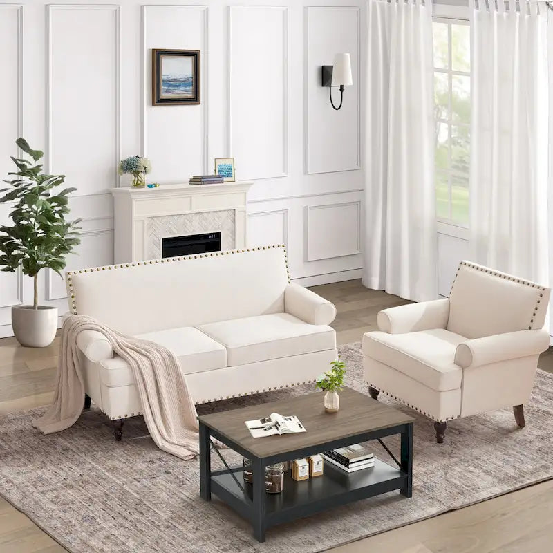 Fauteuil à accoudoirs moderne beige 31 pouces avec clous décoratifs